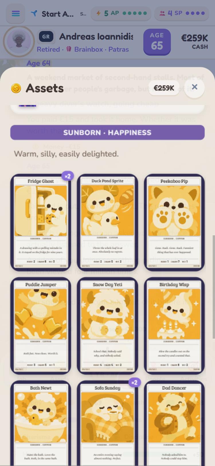 A card album showing Sunborn cards with their own art, flavour text and stats.